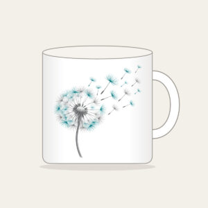 Dandelion Seed Head Drifting Away Mug in white: A dandelion seed head releases seeds in grey and teal on white.