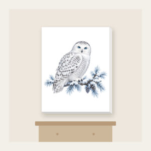 Snowy Owl on a Frosted Branch Canvas Print in white: A snowy owl on a frosted branch in white, grey and ice blue.