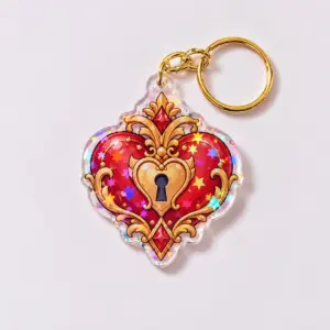 Keyhole Heart Hologram Charm with a small heart with a keyhole in red and gold on a clean ground