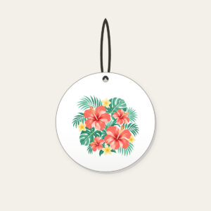Coral Hibiscus Palm Sorbet Pattern Ceramic Ornament in white: Coral hibiscus blooms and palm leaves in mint and lemon spread across a cream field.