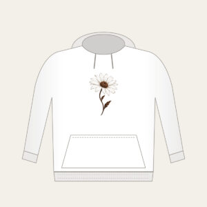 Single Daisy with Curved Stem Hoodie in white: A single daisy with a curved stem in white and deep brown.