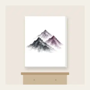 Three Overlapping Mountain Peaks Canvas Print in white: Three overlapping mountain peaks in charcoal grey and muted plum, painted in a restrained brush style.