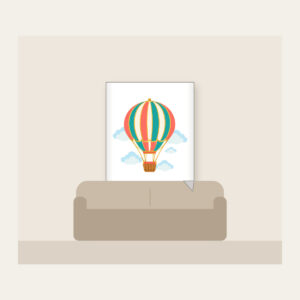Striped Hot Air Balloon Fleece Blanket in white: A hot air balloon with coral, teal and gold stripes drifts above small clouds, a tiny basket below.