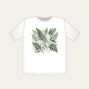 Fern Lattice T-Shirt in white: Fern fronds interlaced into a lattice in sage, forest green and cream.