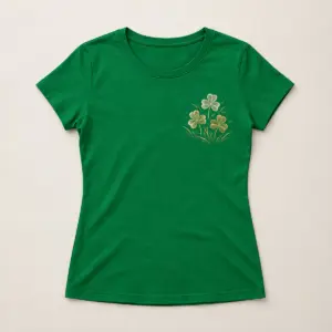 Irish Green Clover Shamrock Fields Women's Tee with compact left-chest panel print of three clover leaves in a mown-field pattern in cream and pale gold