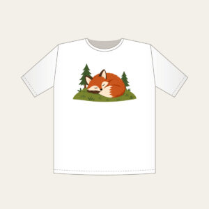 Sleeping Fox on the Hill T-Shirt in white: A rust-colored fox curled asleep on a green hill with two tiny pines.