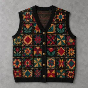 Black knitted cardigan vest with colourful quilt square print