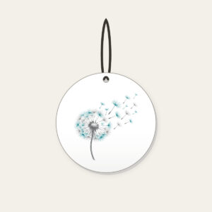 Dandelion Seed Head Drifting Away Ceramic Ornament in white: A dandelion seed head releases seeds in grey and teal on white.