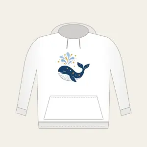 Starry Whale with Water Spout Hoodie in white: A friendly whale lifts a spout of water among tiny white and gold stars.