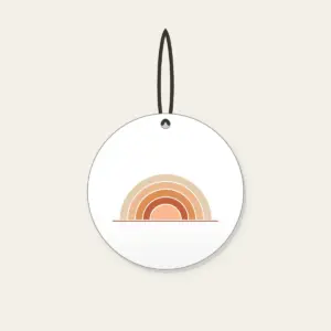 Stepped Arc Sunrise Over the Horizon Ceramic Ornament in white: A rising sun built from five stepped arcs in apricot, rust and sand above one thin horizon line.