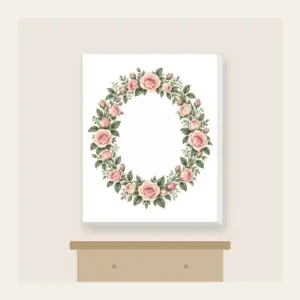 Oval Rose Wreath in Blush and Sage Canvas Print in white: An oval wreath of roses and leaves in blush and sage that leaves a quiet open space in the middle.