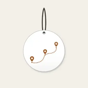 Dotted Route Linking Map Pins Ceramic Ornament in white: A dotted route line connects small map pins in cream on warm brown.