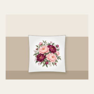 Blush and Plum Peony Blooms Pillow in white: Full peony blooms in blush, plum and sage fill the space in a lush repeating pattern.