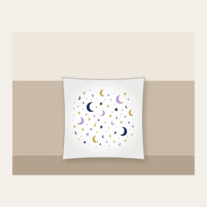 Scattered Stars and Crescents Pillow in white: Small stars and crescent moons scattered across the night in navy, lilac and gold.