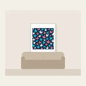 Origami Cranes on Navy Fleece Blanket in white: Folded paper cranes in coral, teal and cream scatter across a navy ground.
