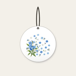 Forget-Me-Not Scatter Ceramic Ornament in white: Small forget-me-not flowers in blue and white drift across the space, with a larger sprig in one corner.