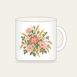 Prairie Roses and Wheat on Cream Mug in white: Prairie roses and wheat stalks in rose, gold and sage scatter across a cream ground.