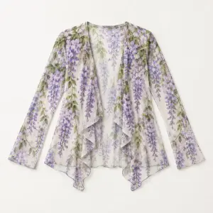 Wisteria Cascade Mesh Cardigan with all-over cascading wisteria blossoms in lilac and green on a pale ground