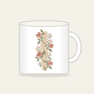 Cable Pattern Twined with Little Flowers Mug in white: A flat cable pattern entwined with small flowers in oatmeal, sage and rose.