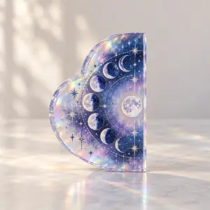 Moon Phase Hologram Acrylic Plaque with half-heart plaque with a ring of moon phases and tiny stars in navy, silver and lilac, 2-side printed, Star Hologram colourway