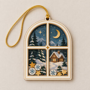 Winter Window Four-Layer Shaker Ornament with front layer shaped as a window frame in warm white, inner layers showing a cottage, pines and a crescent moon in muted blue, brown and gold