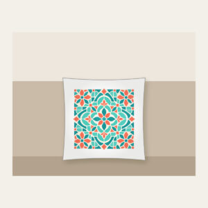 Aqua and Coral Mosaic Tiles Pillow in white: Mosaic tiles in aqua, coral and cream fit together across the artwork.