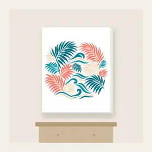 Palm Fronds and Wave Lines Canvas Print in white: Palm fronds and flowing wave lines in teal, coral and cream.