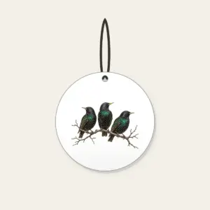 Three Starlings on a Bare Branch Ceramic Ornament in white: Three starlings perch on a bare branch in charcoal and iridescent green on a pale ground.