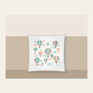 Striped Hot Air Balloons in the Clouds Pillow in white: Striped hot air balloons drift through clouds in coral, teal and cream.