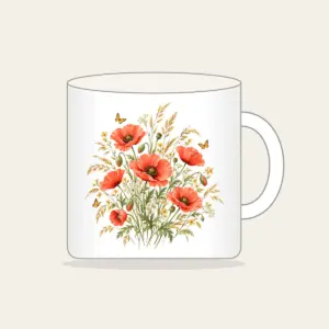 Poppies, Grasses and Tiny Butterflies Mug in white: All-over poppies, grasses and tiny butterflies in coral, gold and green on cream.