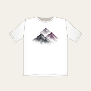 Three Overlapping Mountain Peaks T-Shirt in white: Three overlapping mountain peaks in charcoal grey and muted plum, painted in a restrained brush style.