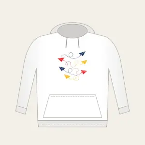 Paper Planes and Dotted Flight Paths Hoodie in white: Paper planes trace dotted flight paths across cream in navy, red and yellow.