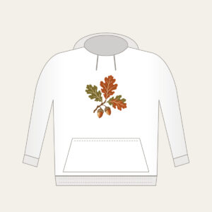 Oak Branch with Acorns Hoodie in white: An oak branch with three leaves and two acorns in rust, olive and cream.
