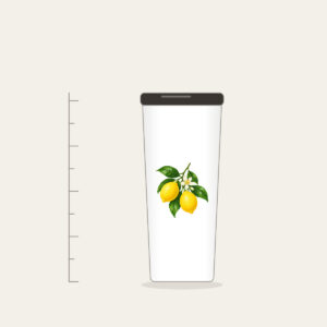Lemon Branch in Blossom Tumbler in white: A single lemon branch carries two lemons, glossy leaves and a small blossom in lemon yellow, leaf green and cream.