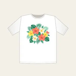 Hibiscus and Palm Sorbet Colors T-Shirt in white: Hibiscus and palm leaves in coral, mint and lemon scattered over cream.