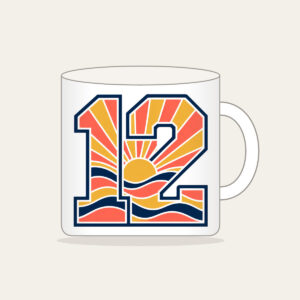Sunrise Bands Number 12 Mug in white: Sunrise bands in coral, gold and navy with the number “12” and no other text.