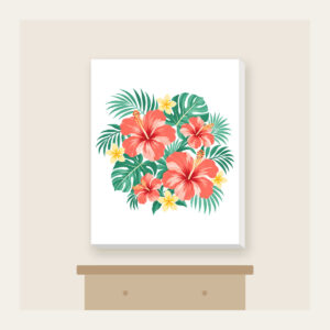 Coral Hibiscus Palm Sorbet Pattern Canvas Print in white: Coral hibiscus blooms and palm leaves in mint and lemon spread across a cream field.