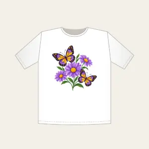 Two Butterflies and Three Daisies T-Shirt in white: Two butterflies hover near three daisies in purple and yellow.