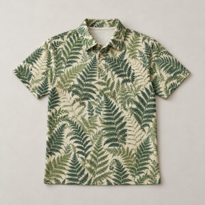 Midweight Fern Lattice Polo Shirt with all-over lattice of ferns in sage, forest green and cream