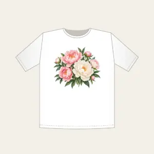 Blush and White Peonies T-Shirt in white: Peonies in blush and white with green leaves on a cream base.