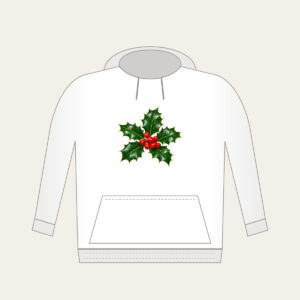 Holly Sprig with Red Berries Hoodie in white: A holly sprig with glossy leaves and bright red berries stands out on a deep green background.