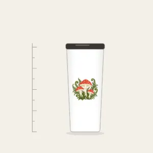 Red Toadstool Trio with Curling Ferns Tumbler in white: Three red-capped mushrooms with curling ferns in cream, red and moss green.