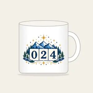 Mountain and Star Border with 024 Mug in white: A border of mountains and stars surrounds a three-digit counter reading 024.