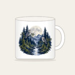 Moonlit Pine Forest with Owls Mug in white: A moonlit forest of pines and owls in navy, silver and moss beneath a large pale moon.