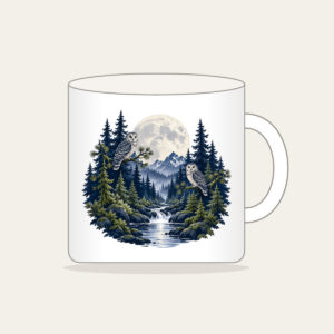 Moonlit Pine Forest with Owls Mug in white: A moonlit forest of pines and owls in navy, silver and moss beneath a large pale moon.