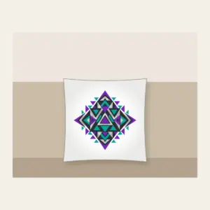 Violet and Teal Triangle Pattern Pillow in white: A bold geometric pattern of triangles in violet, teal and silver on charcoal.