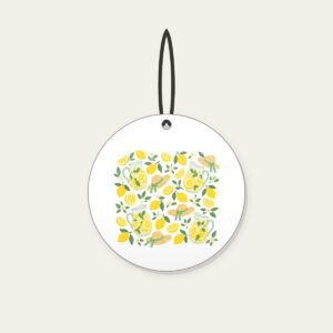 Lemonade Stand Pitchers and Lemons Ceramic Ornament in white: Lemonade pitchers, lemons and tiny straw sunbonnets repeat in yellow, white and mint.