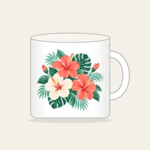 Hibiscus Sorbet Tropical Blooms Mug in white: Hibiscus flowers and leaves in coral, mint and cream.