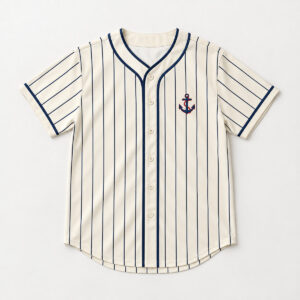 Harbor Pinstripe Baseball Jersey with cream and navy pinstripes with a small anchor crest on the chest in red and navy