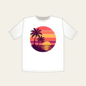 Palm Trees Against a Striped Sunset T-Shirt in white: Palm trees stand against a striped sunset in coral, plum and gold.